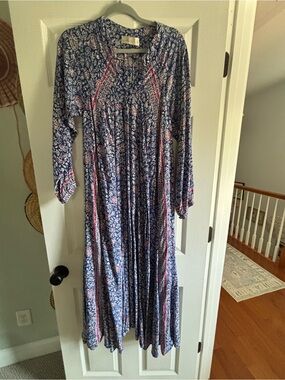 Natalie Martin Navy Floral Paisley Maxi Dress with Red Accents
